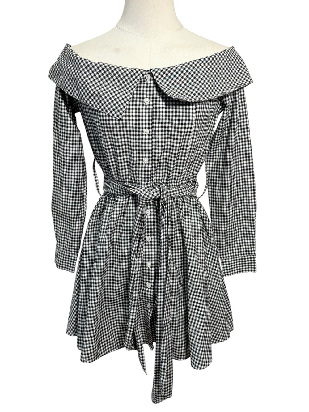 NWOT - L’Academie Off Shoulder Gingham Mini Dress Black White XS - Picture 2 of 8